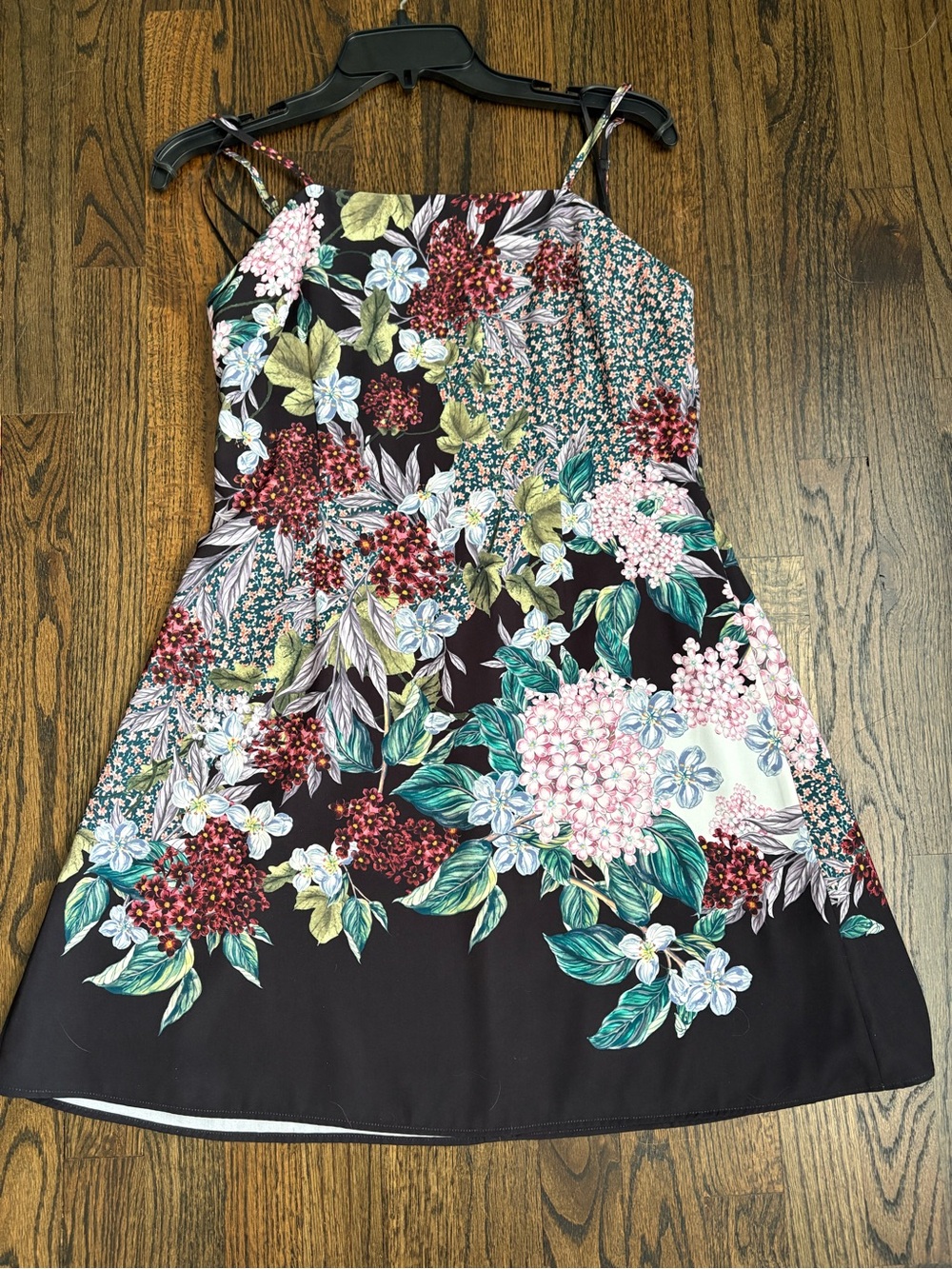 Floral Spaghetti-Strap Mini Dress in Black Floral